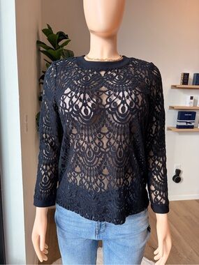 Banana Republic Black Lace Crochet Long-Sleeve Top